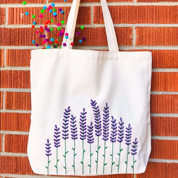 Lavender field embroidered tote, heavy duty tote bag, hand embroidered tote - Picture 2 of 5